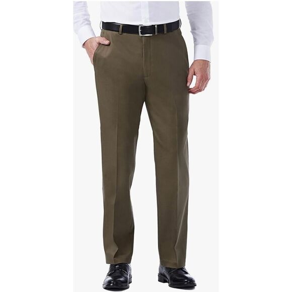 Haggar Men's Premium No Iron Khaki Classic Fit Expandable Waist Flat Front Pant - Picture 1 of 7